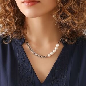 Padlock Freshwater Pearl 18K White Gold Plated Stainless Steel Necklace